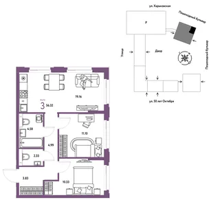 Планировка 3-комн. квартира, 56.32 м² ЖК «Сердце Сибири»