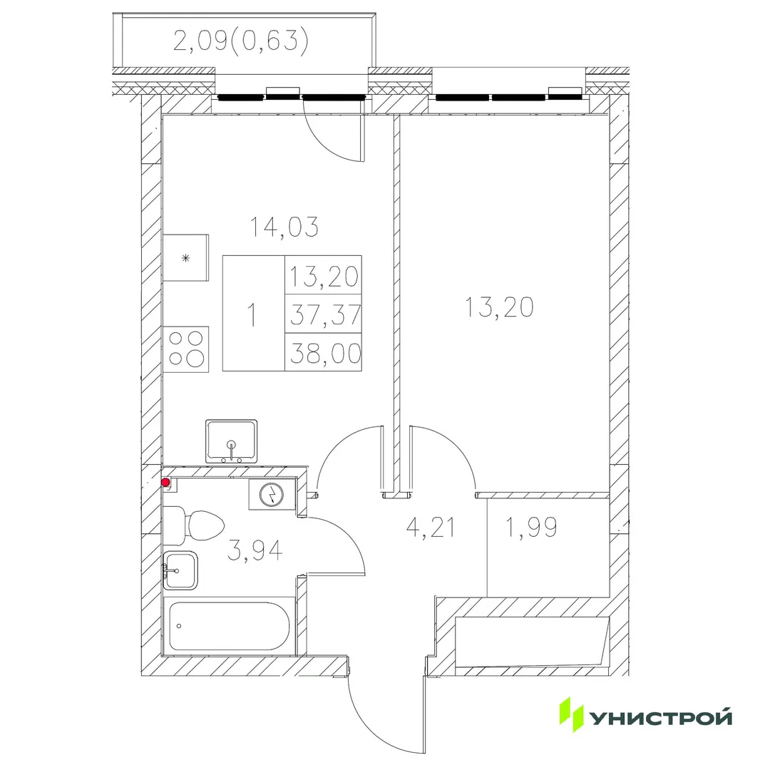 Планировка 1-комн. квартира, 38 м² ЖК «Statum»