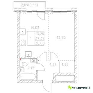 Планировка 1-комн. квартира, 38 м² ЖК «Statum»