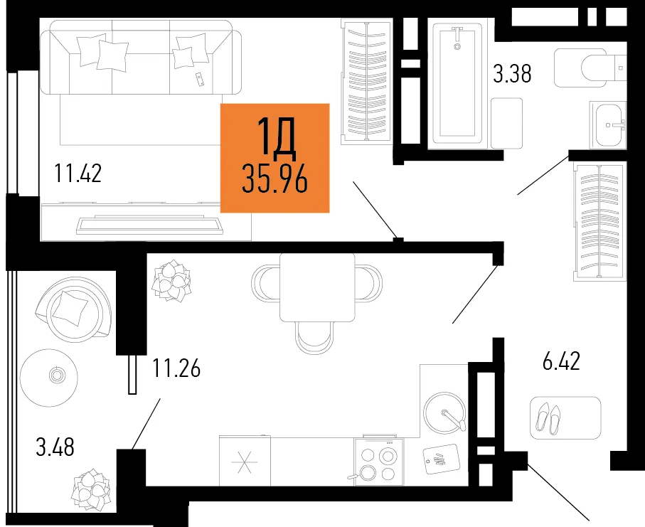 Планировка 1-комн. квартира, 35.96 м² ЖК «Столицыно»