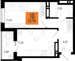 Планировка 1-комн. квартира, 35.96 м² ЖК «Столицыно»