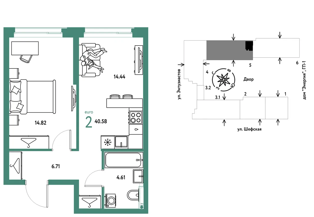 Планировка 2-комн. квартира, 40.58 м² ЖК «Страна.Энтузиастов»