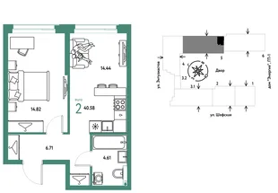 Планировка 2-комн. квартира, 40.58 м² ЖК «Страна.Энтузиастов»