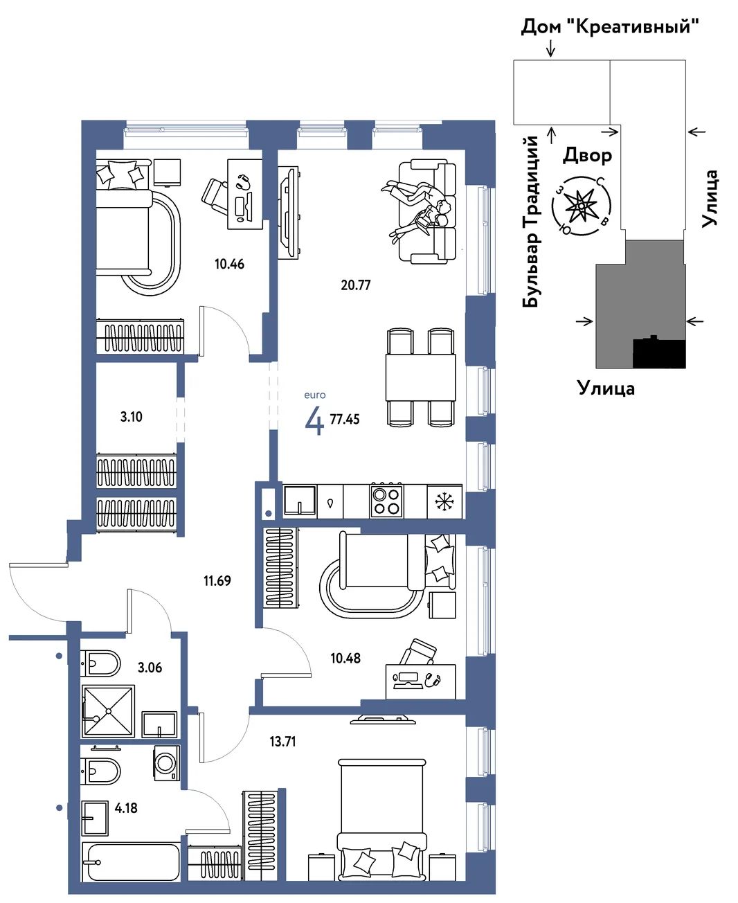 Планировка 4-комн. квартира, 77.45 м² ЖК «Микрорайон Домашний»