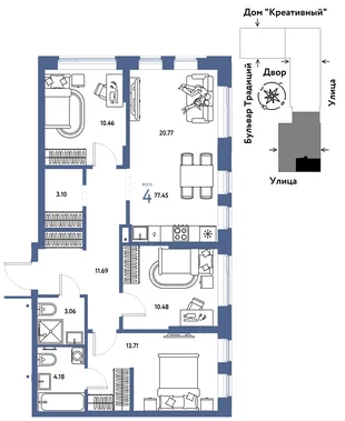 Планировка 4-комн. квартира, 77.45 м² ЖК «Микрорайон Домашний»