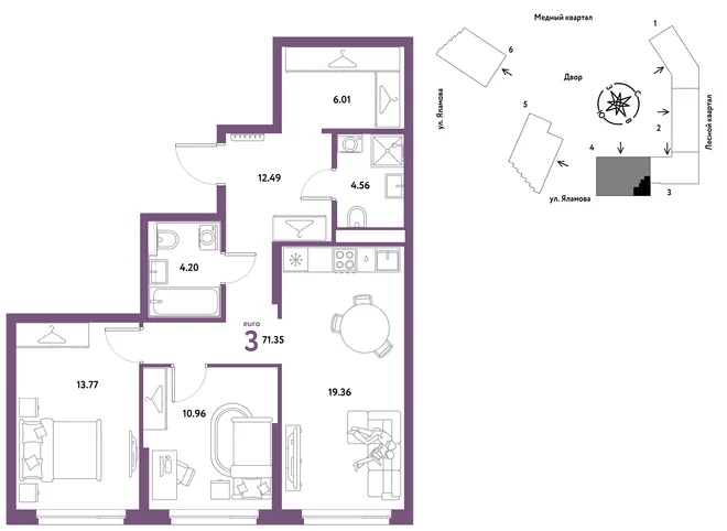 Планировка 3-комн. квартира, 71.35 м² ЖК «Сибирский сад» Планировка 3-комн. квартира, 71.35 м² ЖК «Сибирский сад»