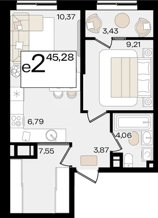 Планировка 2-комн. квартира, 45.28 м² ЖК «Патрики»