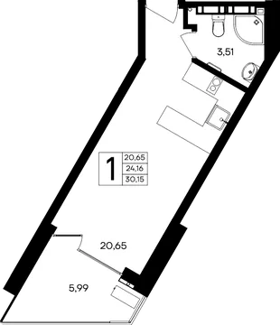 Планировка 1-комн. квартира, 30.15 м² Апарт-комплекс «Песок и море»