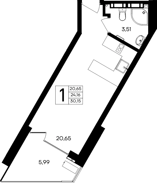 Планировка 1-комн. квартира, 30.15 м² Апарт-комплекс «Песок и море»