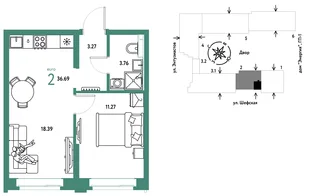Планировка 2-комн. квартира, 36.69 м² ЖК «Страна.Энтузиастов»