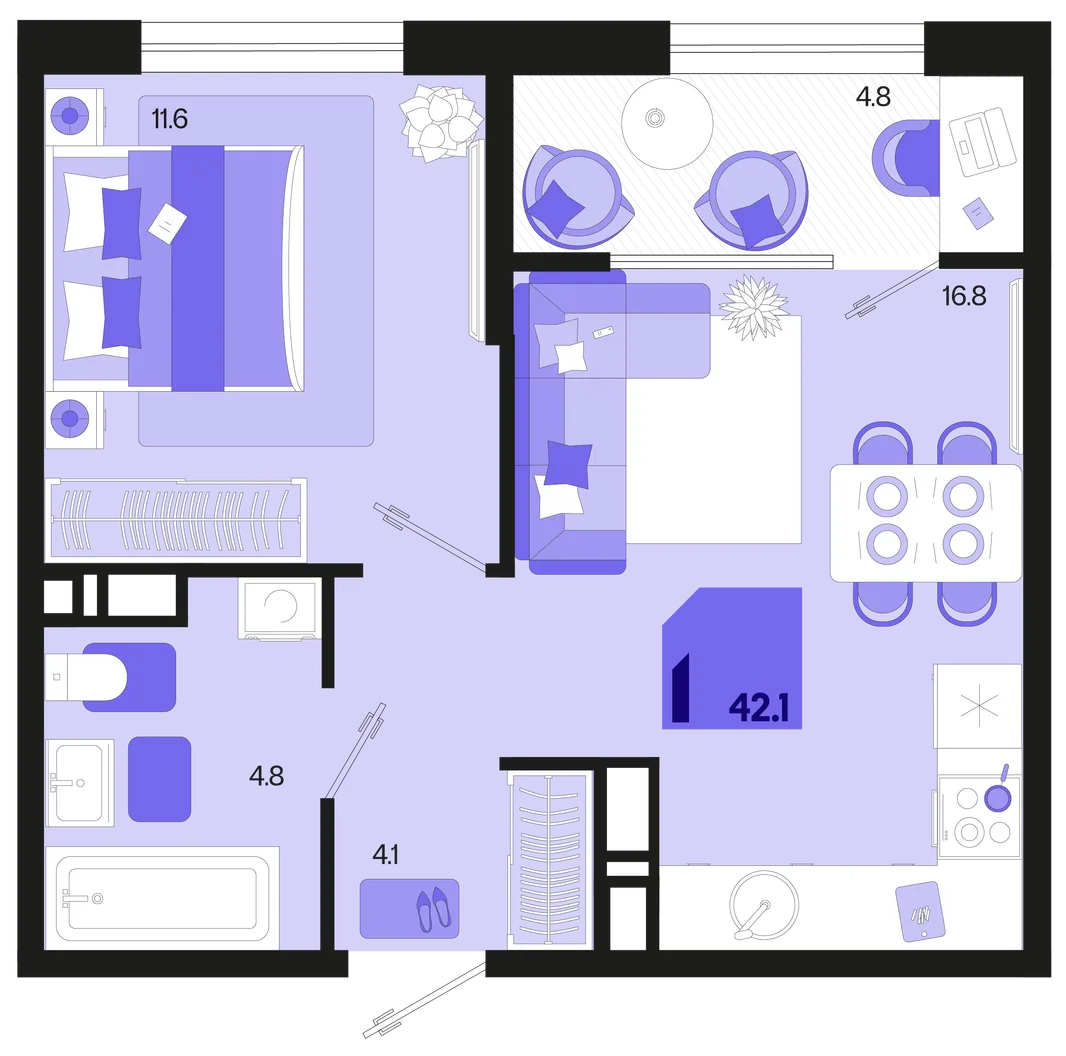 Планировка 1-комн. квартира, 42.1 м² ЖК «Первое место»