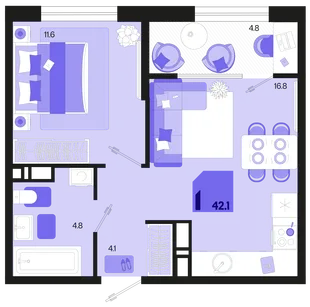 Планировка 1-комн. квартира, 42.1 м² ЖК «Первое место»