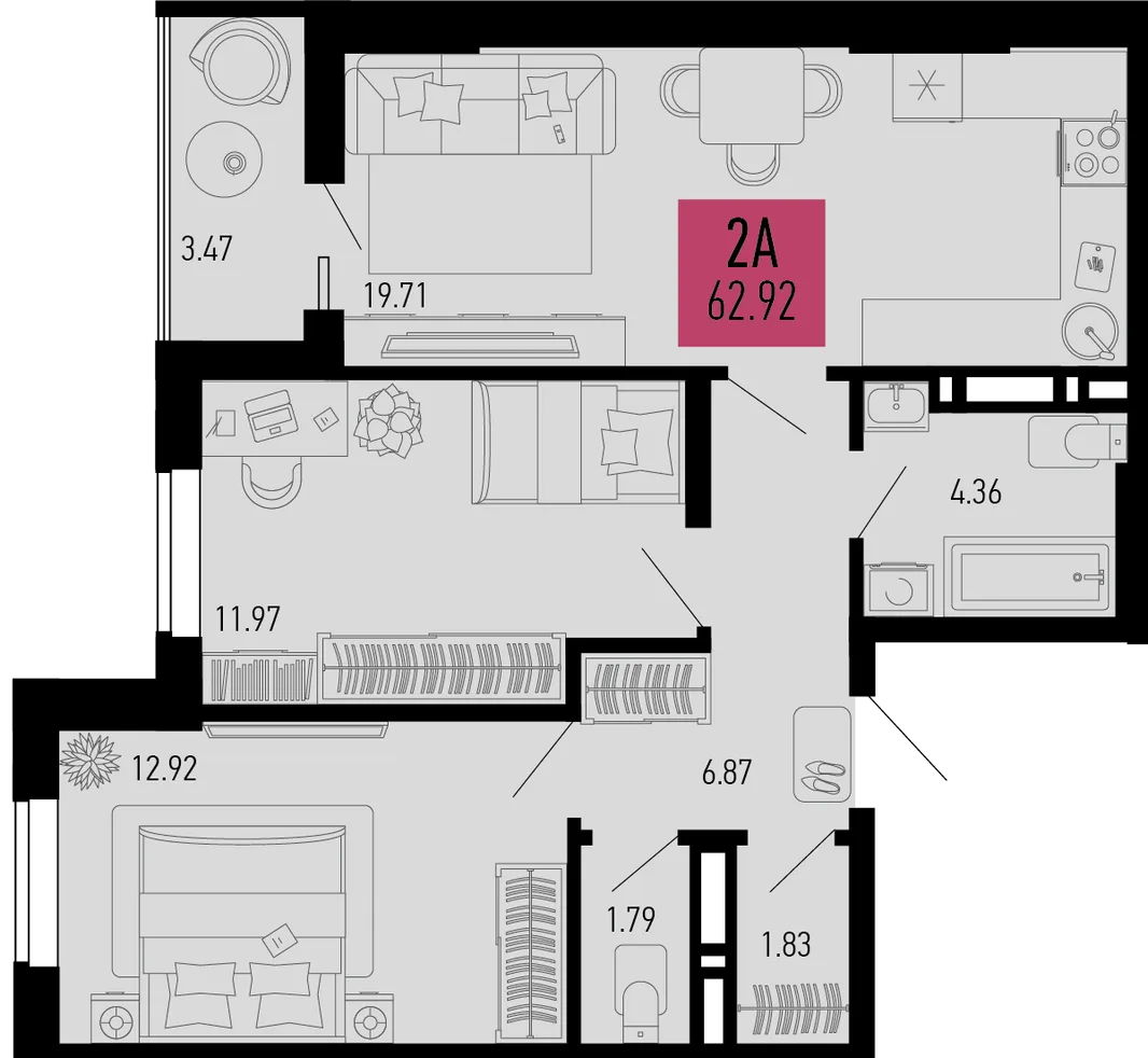 Планировка 2-комн. квартира, 62.92 м² ЖК «Столицыно»