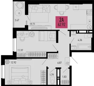 Планировка 2-комн. квартира, 62.92 м² ЖК «Столицыно»