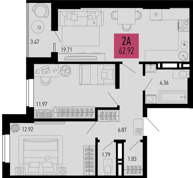 Планировка 2-комн. квартира, 62.92 м² ЖК «Столицыно» Планировка 2-комн. квартира, 62.92 м² ЖК «Столицыно»