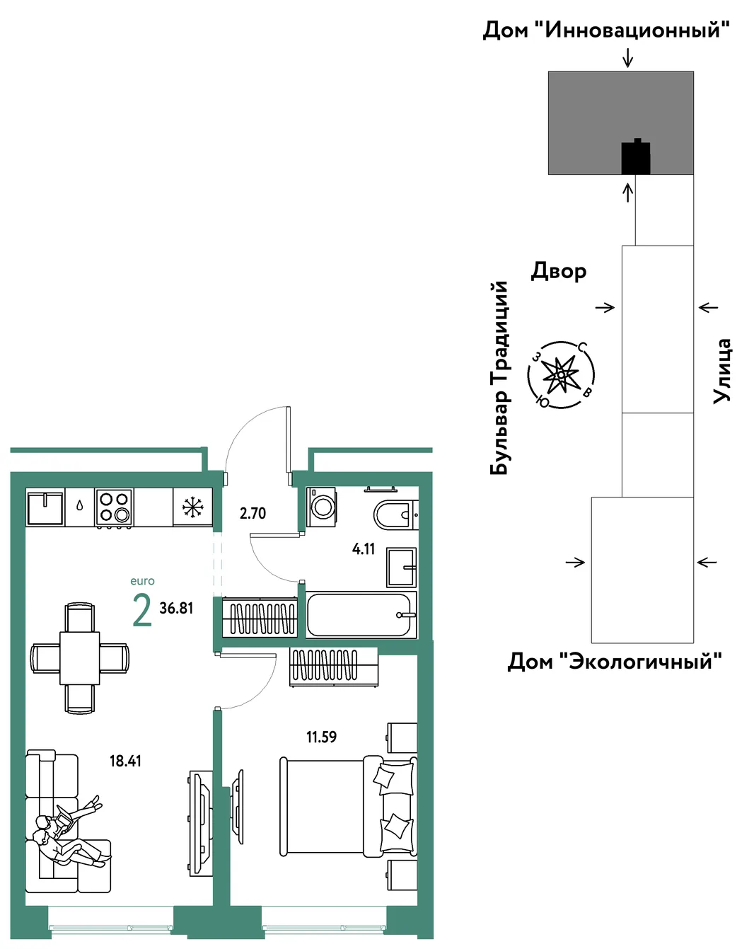 Планировка 2-комн. квартира, 36.81 м² ЖК «Микрорайон Домашний»