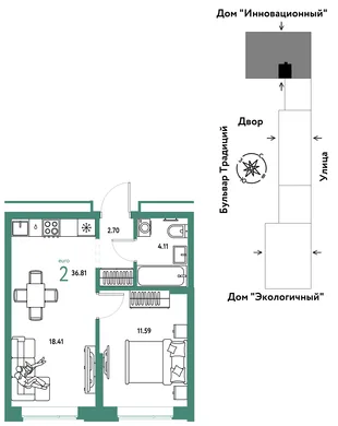Планировка 2-комн. квартира, 36.81 м² ЖК «Микрорайон Домашний»
