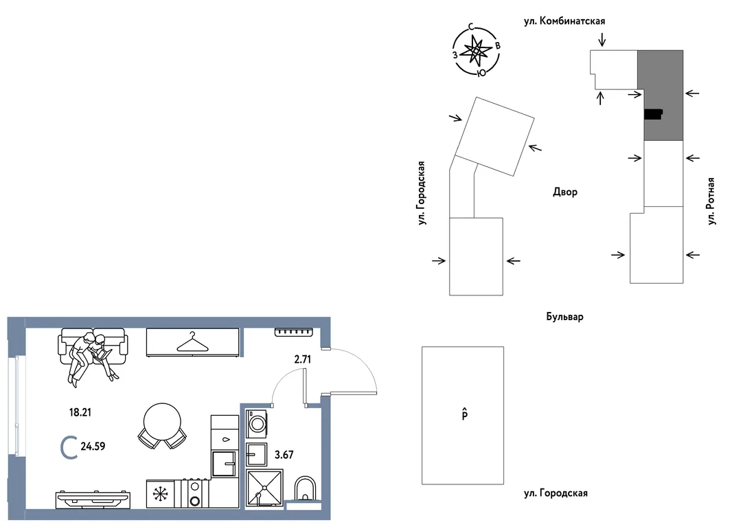 Планировка Студия, 24.59 м² ЖК «Уральский сад»