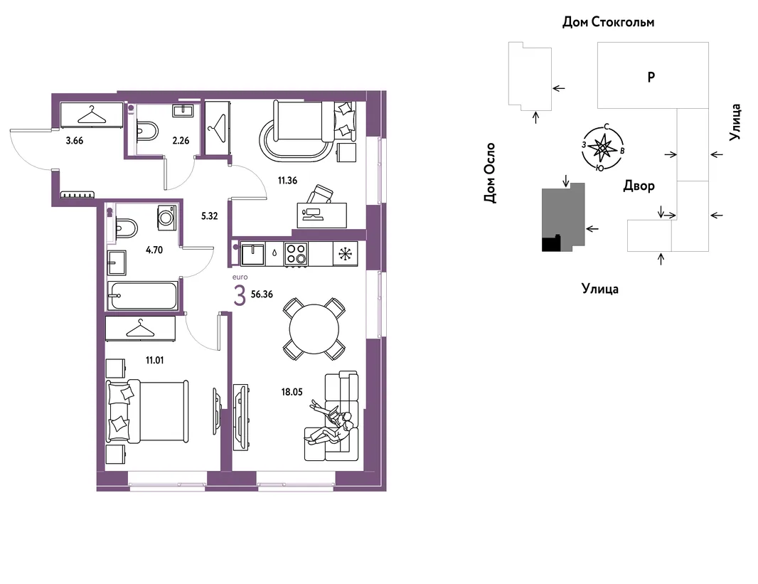 Планировка 3-комн. квартира, 56.36 м² ЖК «Европейский берег 2.0»