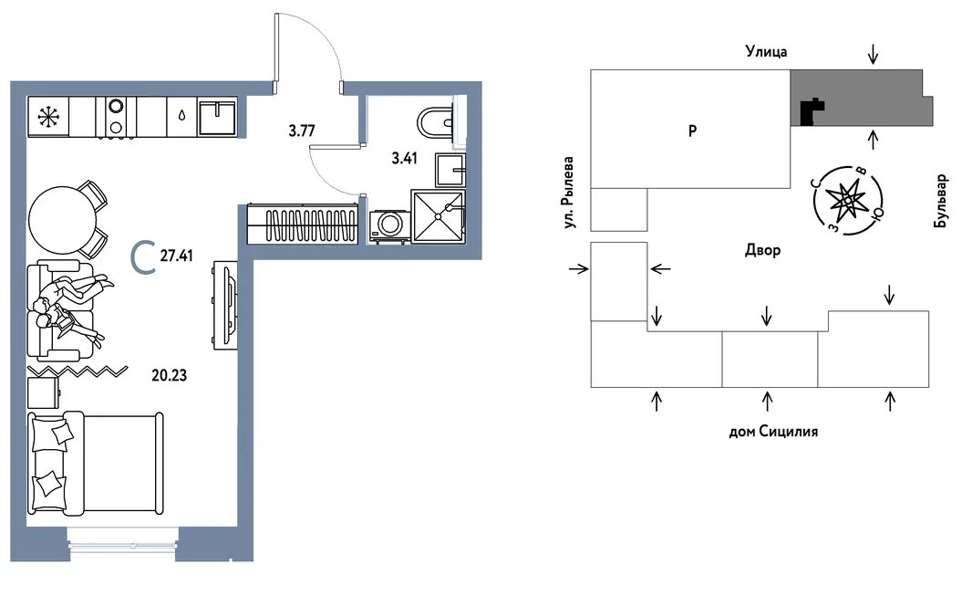 Планировка Студия, 27.41 м² ЖК «Остров-сад»