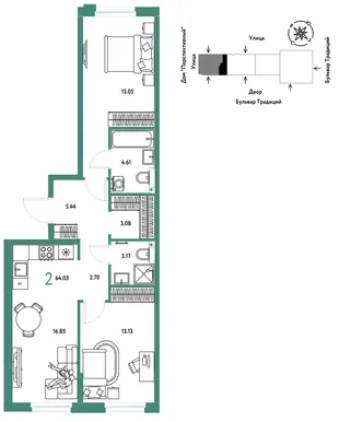 Планировка 2-комн. квартира, 64.03 м² ЖК «Микрорайон Домашний»