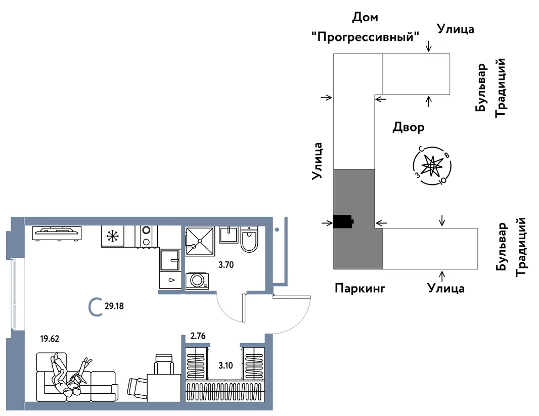 Планировка Студия, 29.18 м² ЖК «Микрорайон Домашний»