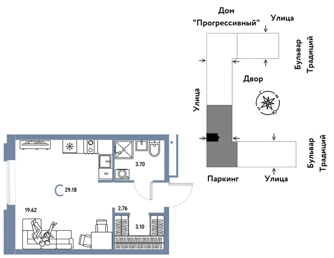 Планировка Студия, 29.18 м² ЖК «Микрорайон Домашний» Планировка Студия, 29.18 м² ЖК «Микрорайон Домашний»