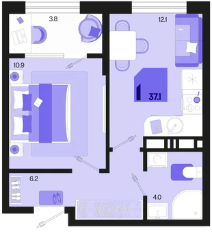 Планировка 1-комн. квартира, 37.1 м² ЖК «Первое место»