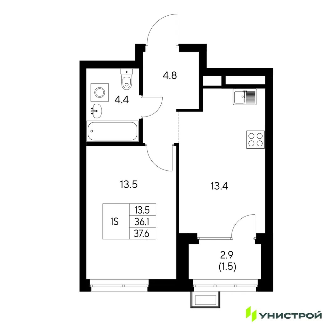 Планировка 1-комн. квартира, 37.6 м² ЖК «Стадиум»