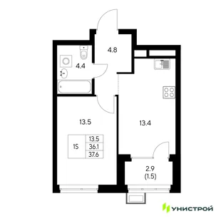 Планировка 1-комн. квартира, 37.6 м² ЖК «Стадиум»