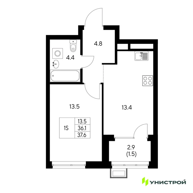 Планировка 1-комн. квартира, 37.6 м² ЖК «Стадиум» Планировка 1-комн. квартира, 37.6 м² ЖК «Стадиум»