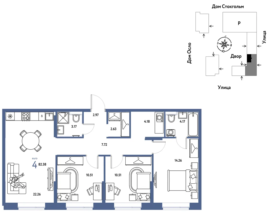 Планировка 4-комн. квартира, 82.38 м² ЖК «Европейский берег 2.0»