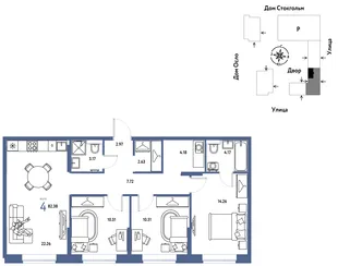 Планировка 4-комн. квартира, 82.38 м² ЖК «Европейский берег 2.0»