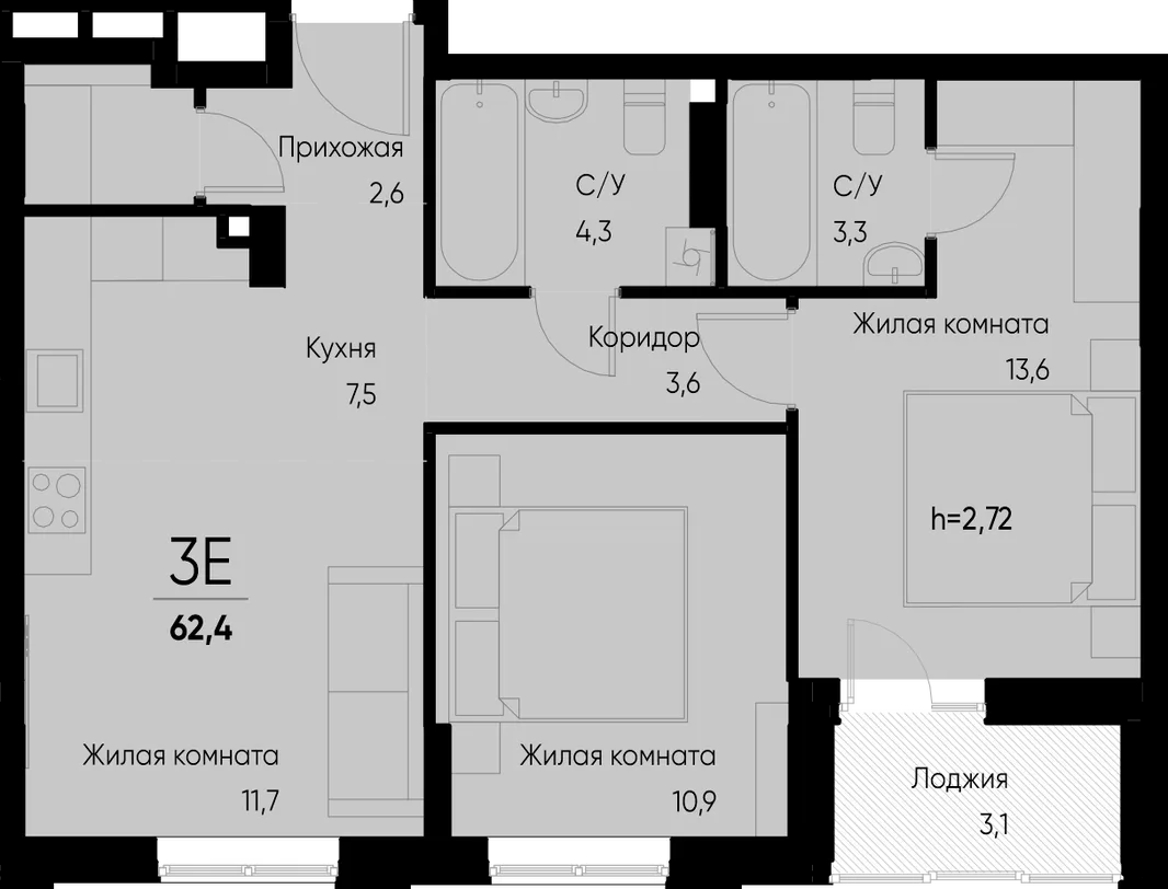 Планировка 3-комн. квартира, 62.4 м² ЖК «Васильевский остров»
