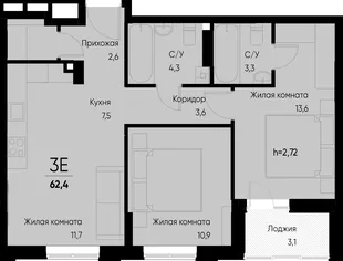 Планировка 3-комн. квартира, 62.4 м² ЖК «Васильевский остров»