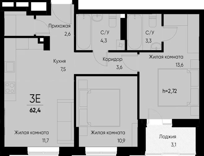 Планировка 3-комн. квартира, 62.4 м² ЖК «Васильевский остров» Планировка 3-комн. квартира, 62.4 м² ЖК «Васильевский остров»