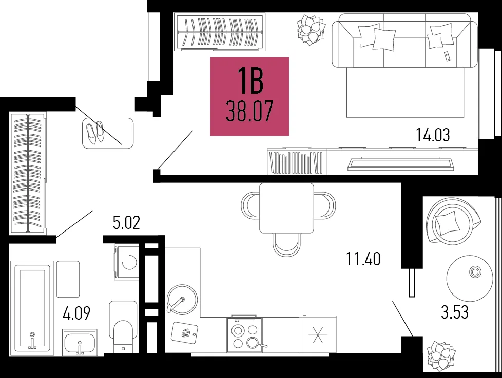 Планировка 1-комн. квартира, 38.07 м² ЖК «Столицыно»