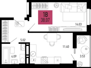 Планировка 1-комн. квартира, 38.07 м² ЖК «Столицыно»