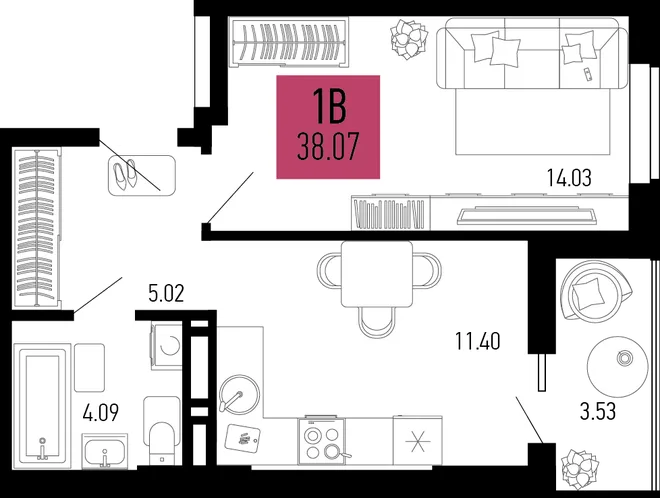 Планировка 1-комн. квартира, 38.07 м² ЖК «Столицыно» Планировка 1-комн. квартира, 38.07 м² ЖК «Столицыно»