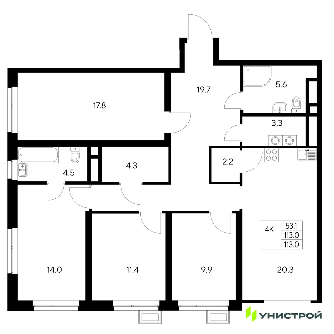 Планировка 4-комн. квартира, 113 м² ЖК «Стадиум»