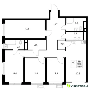 Планировка 4-комн. квартира, 113 м² ЖК «Стадиум»