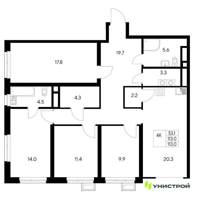 Планировка 4-комн. квартира, 113 м² ЖК «Стадиум» Планировка 4-комн. квартира, 113 м² ЖК «Стадиум»