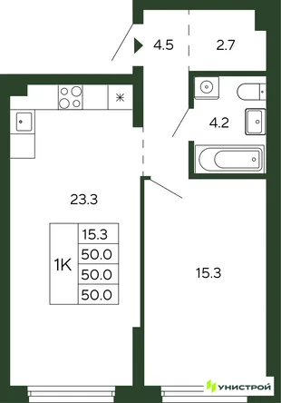 Планировка 1-комн. квартира, 50 м² ЖК «Парковый квартал 2.0»