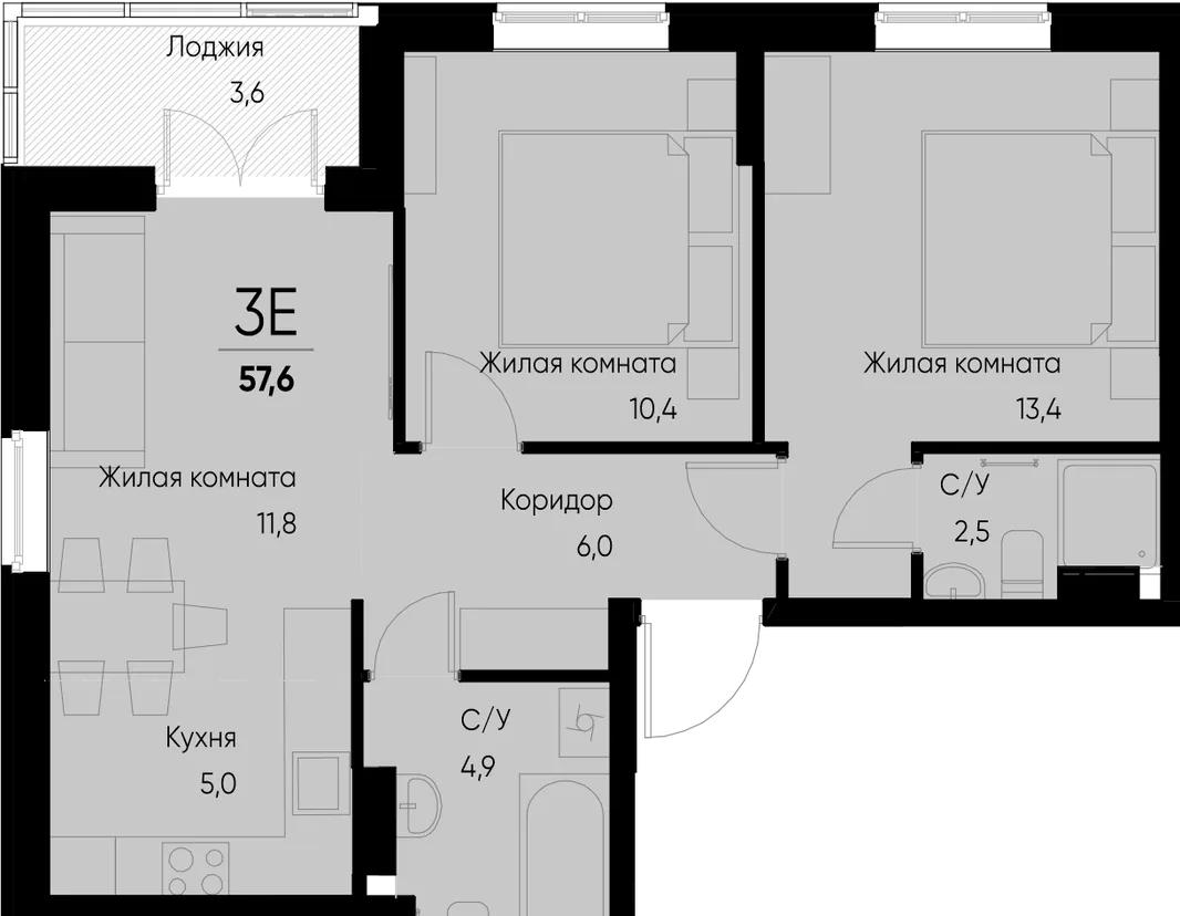 Планировка 3-комн. квартира, 57.6 м² ЖК «Васильевский остров»
