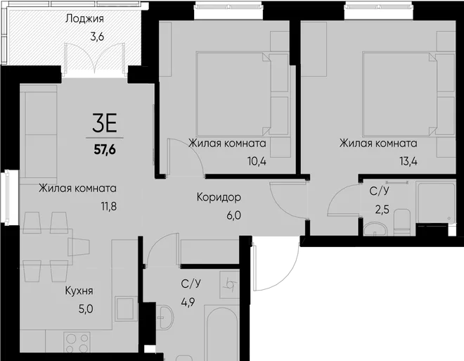 Планировка 3-комн. квартира, 57.6 м² ЖК «Васильевский остров» Планировка 3-комн. квартира, 57.6 м² ЖК «Васильевский остров»