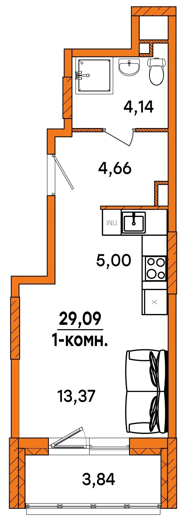 Планировка Студия, 29.09 м² ЖК «Юность» Планировка Студия, 29.09 м² ЖК «Юность»