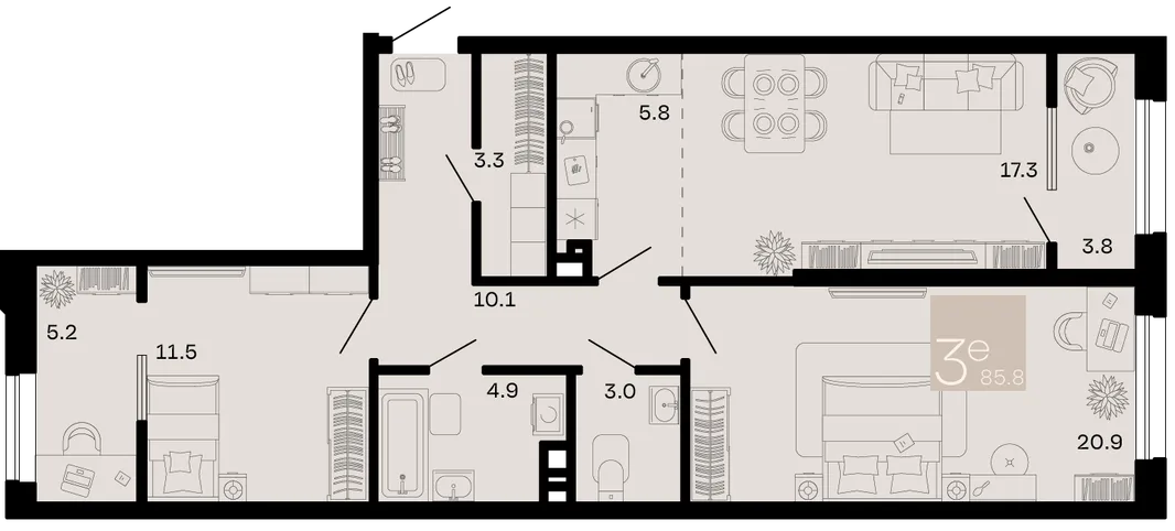 Планировка 3-комн. квартира, 85.8 м² ЖК «Хозяин морей»