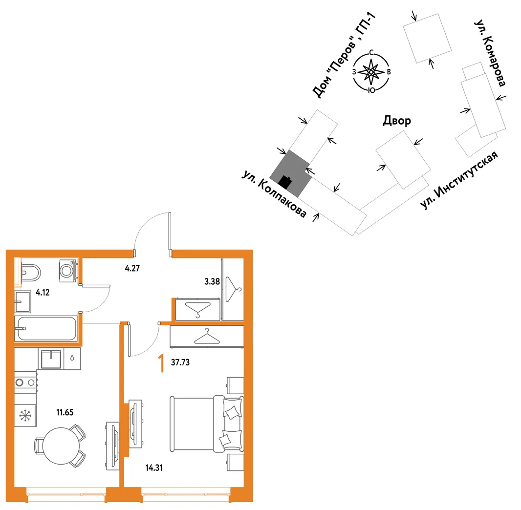 Планировка 1-комн. квартира, 37.73 м² ЖК «Страна.Парковая»