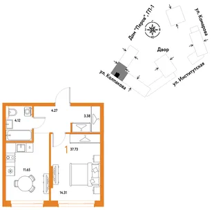 Планировка 1-комн. квартира, 37.73 м² ЖК «Страна.Парковая»