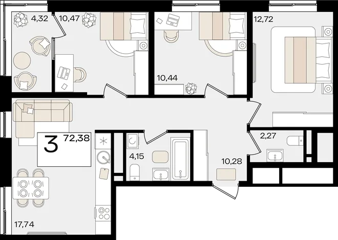 Планировка 3-комн. квартира, 72.38 м² ЖК «Патрики»